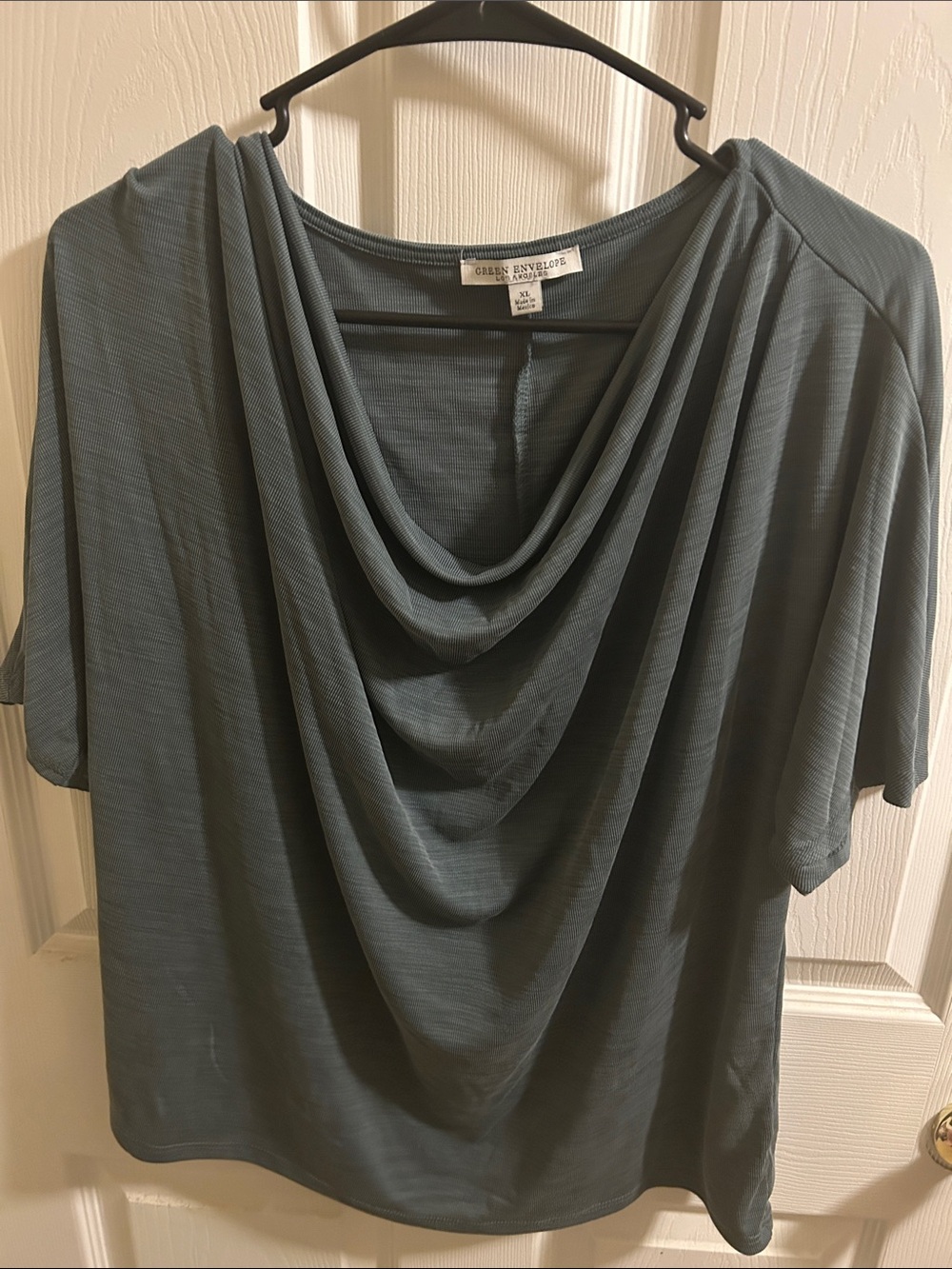 Green Envelope Draped Cowl Neck Blouse in Slate Green